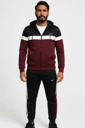Three-Tone Maroon, black, white Hooded-Tracksuit