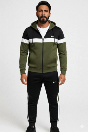 Three-Tone Olive, black, white Hooded-Tracksuit