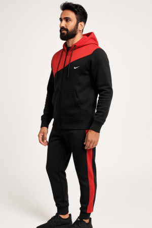 Stylish Black Tracksuit with Bold Red Accents